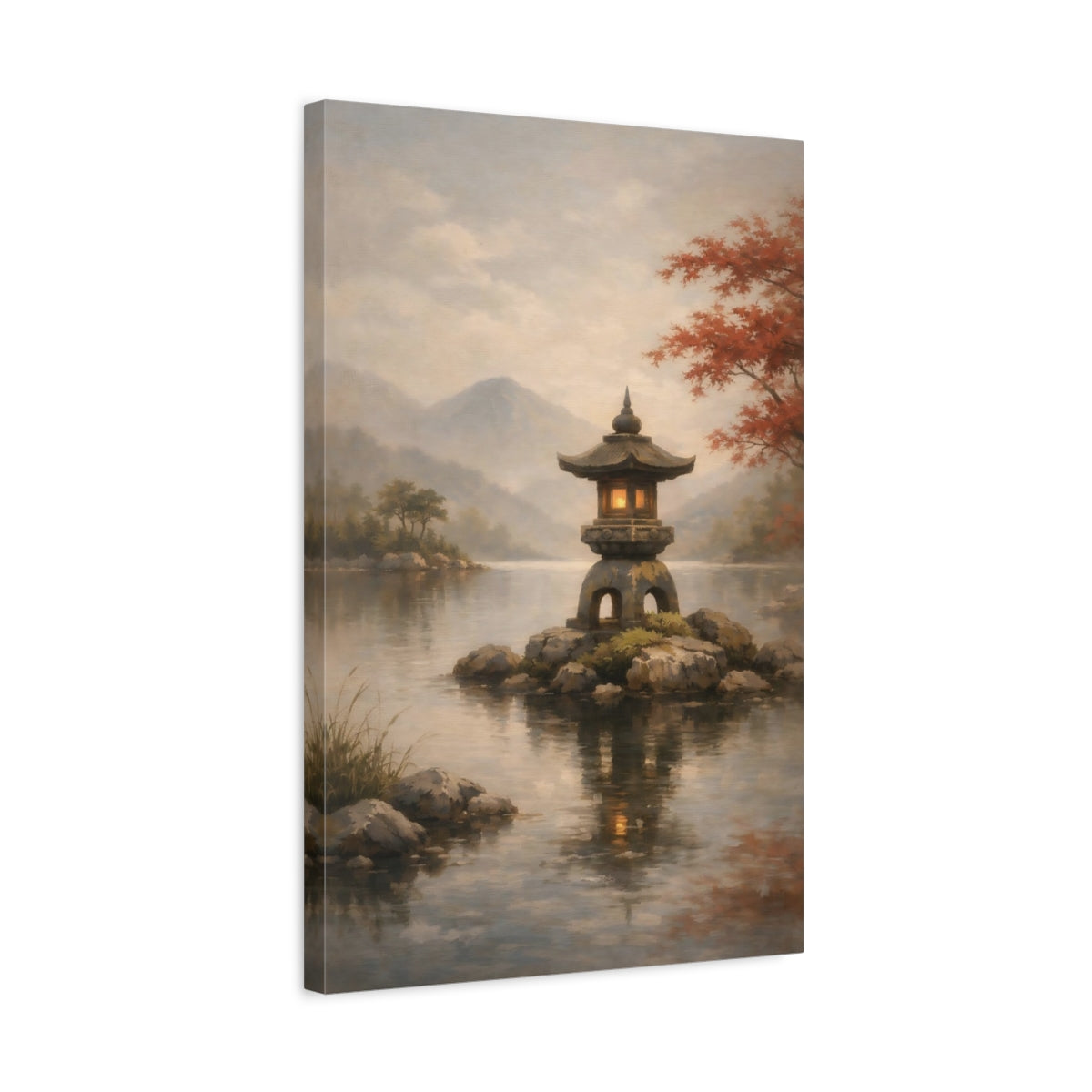 Side Mockup 3. Nature Stone Lantern Japanese Garden Lake shown as stretched canvas wall art