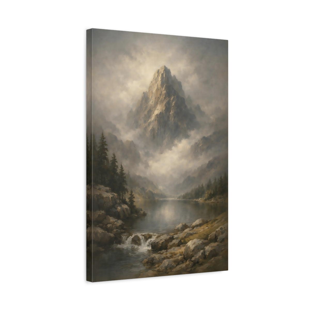 Side Mockup 3. Nature Mountain Lake Misty Mountain Lake shown as stretched canvas wall art