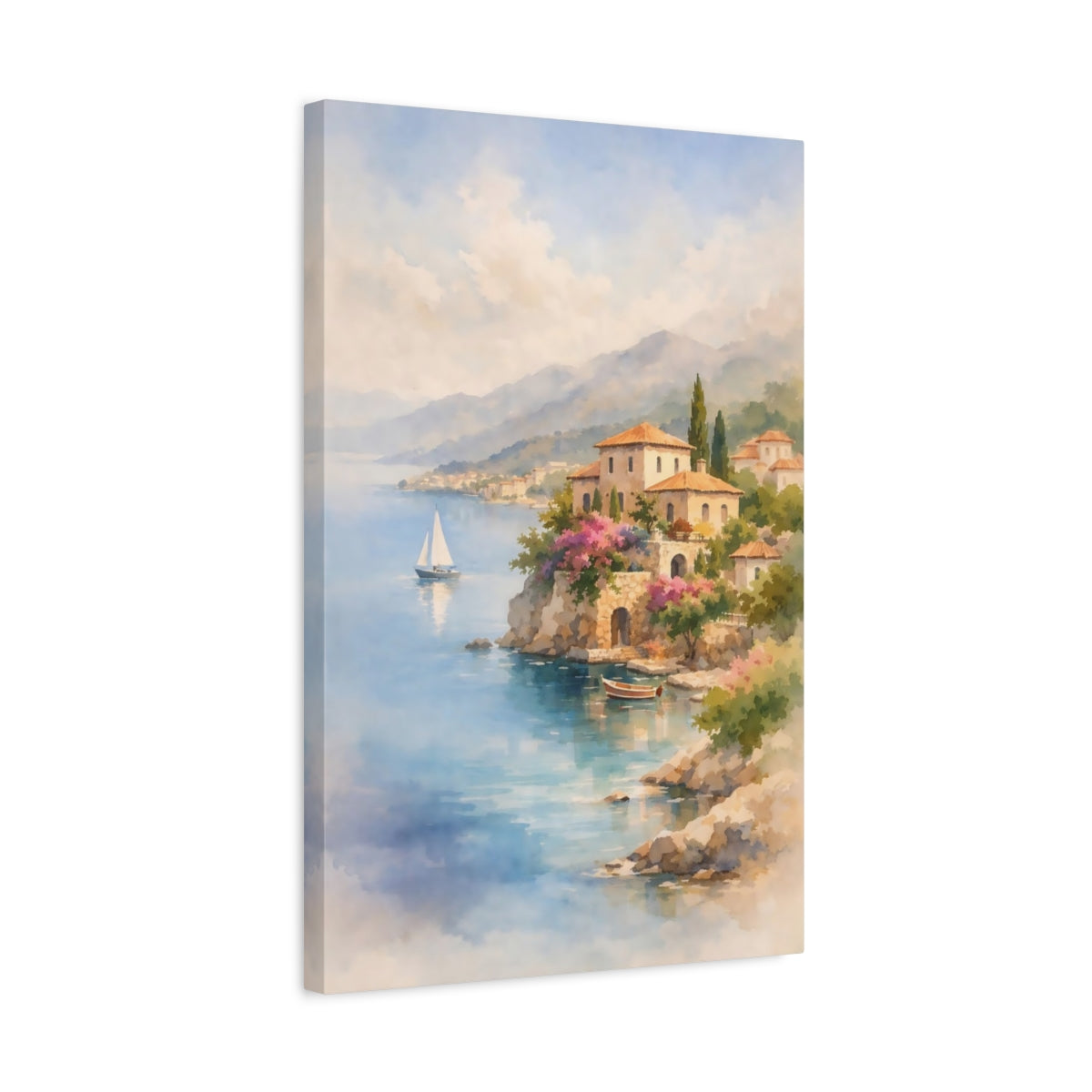 Watercolor Mediterranean Coast Coastal Village Nature - Canvas Wall Art Print