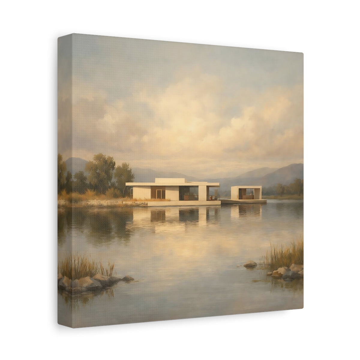 Side Mockup 9. Nature Lake House Modern Lake House View shown as stretched canvas wall art