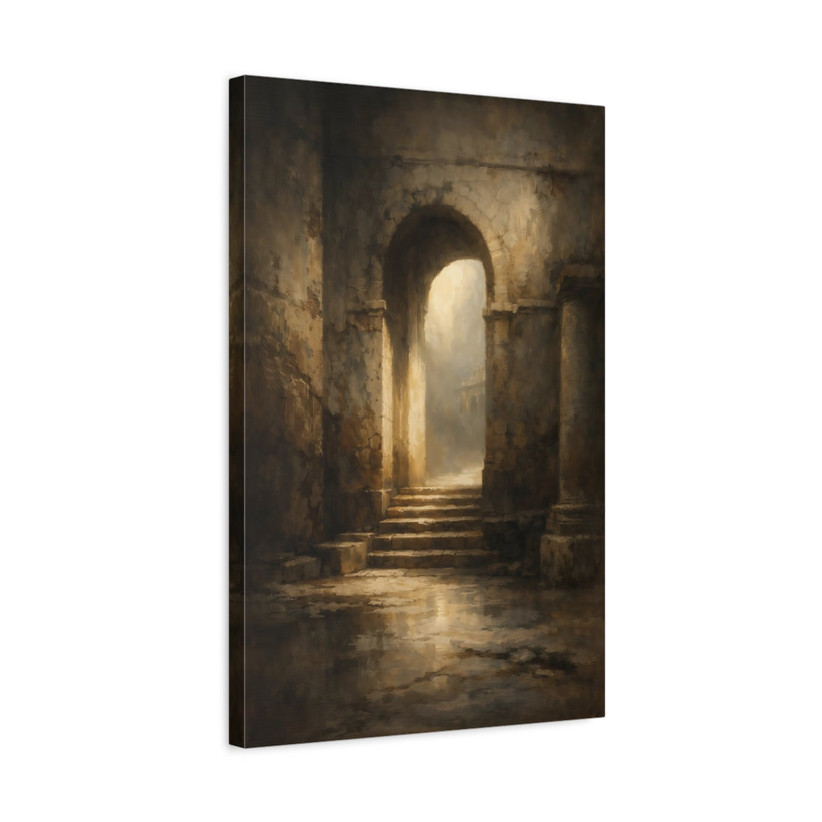 Side Mockup 3. Vintage Ancient Archway Brown And Gold shown as stretched canvas wall art