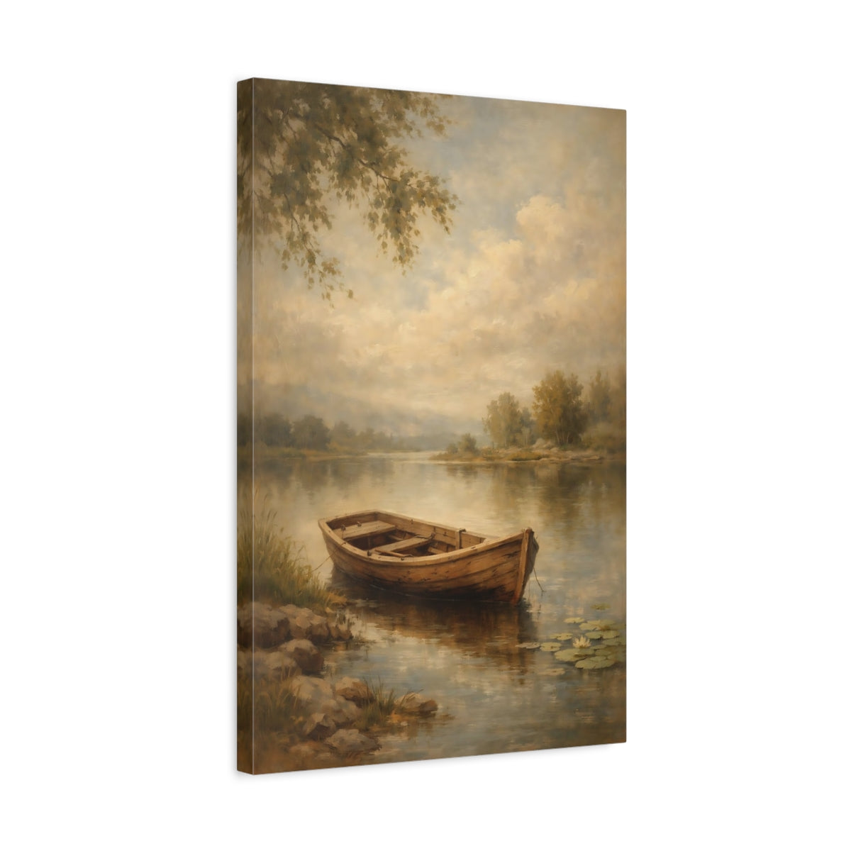 Side Mockup 3. Nature Wooden Boat Muted Landscape shown as stretched canvas wall art
