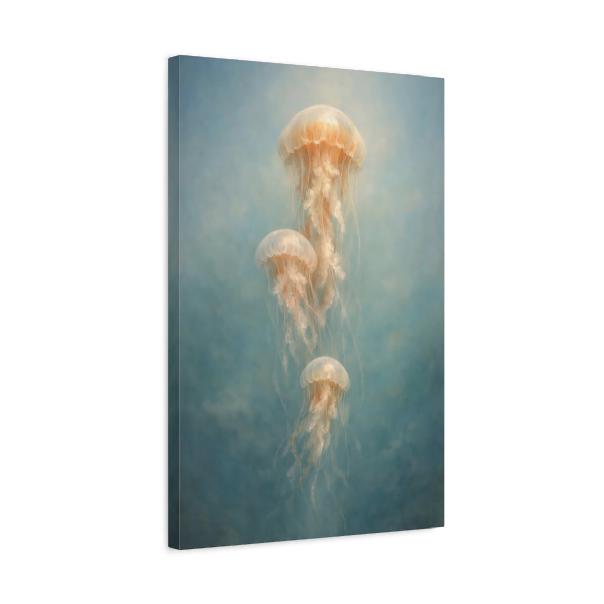 Side Mockup 3. Nature Jellyfish Blue And Orange shown as stretched canvas wall art