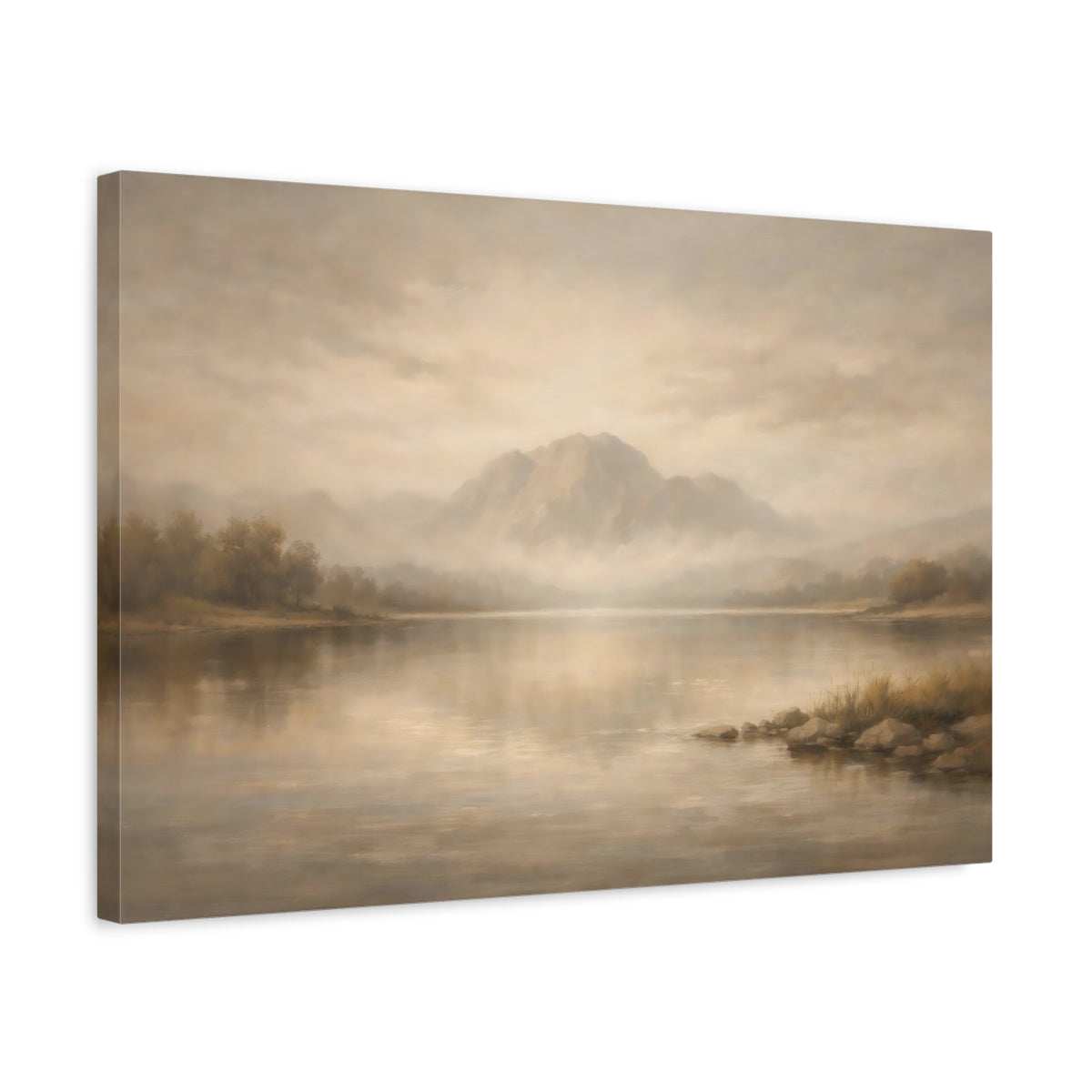 Side Mockup 3. Nature Mountain Lake Beige And Brown shown as stretched canvas wall art