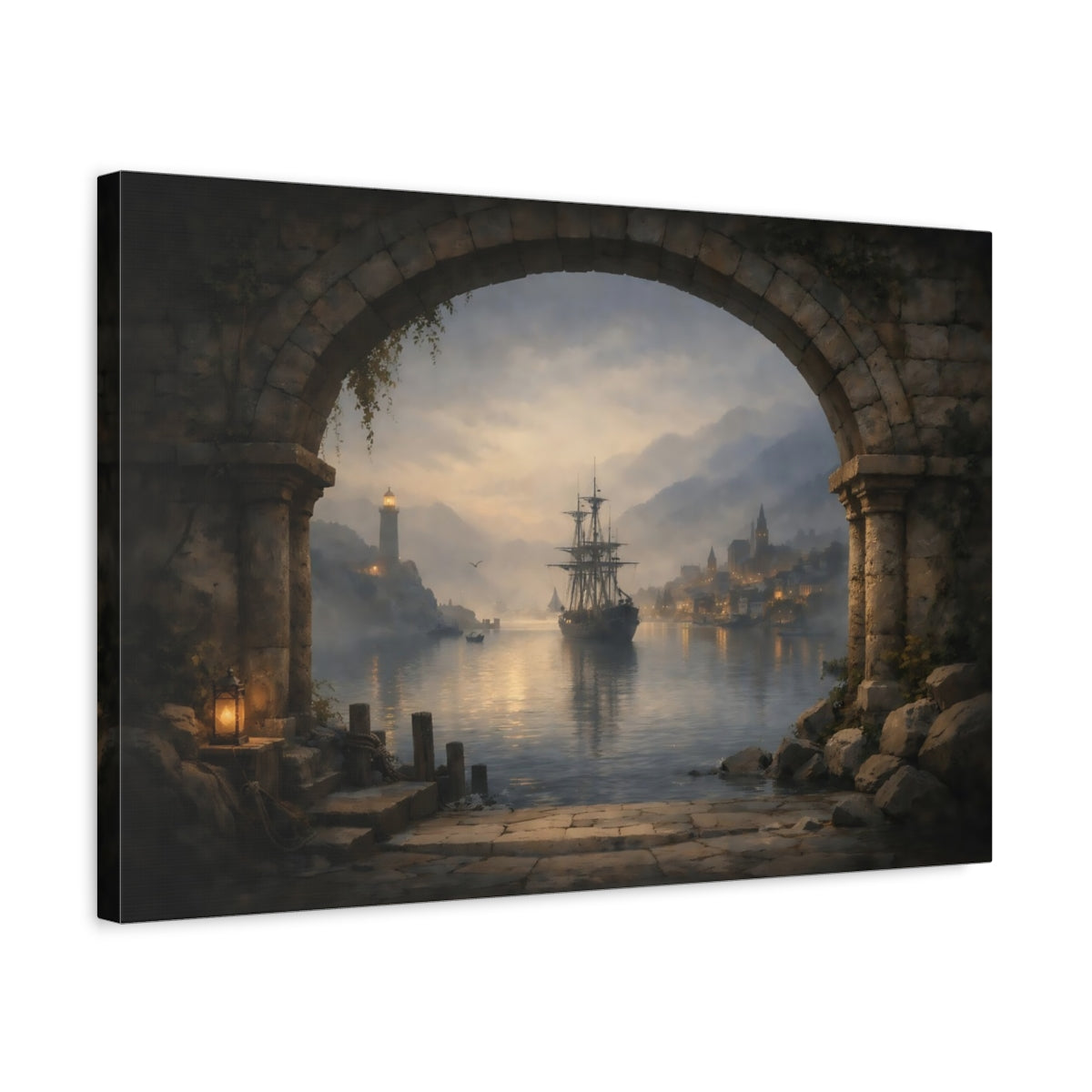 Mist Depth Harbor Archway View Sailing Ship Vintage - Canvas Wall Art Print