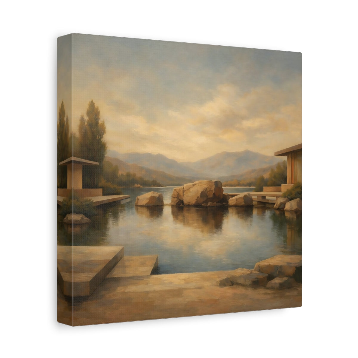 Side Mockup 9. Nature Lake Rocks Brown And Blue Lake shown as stretched canvas wall art