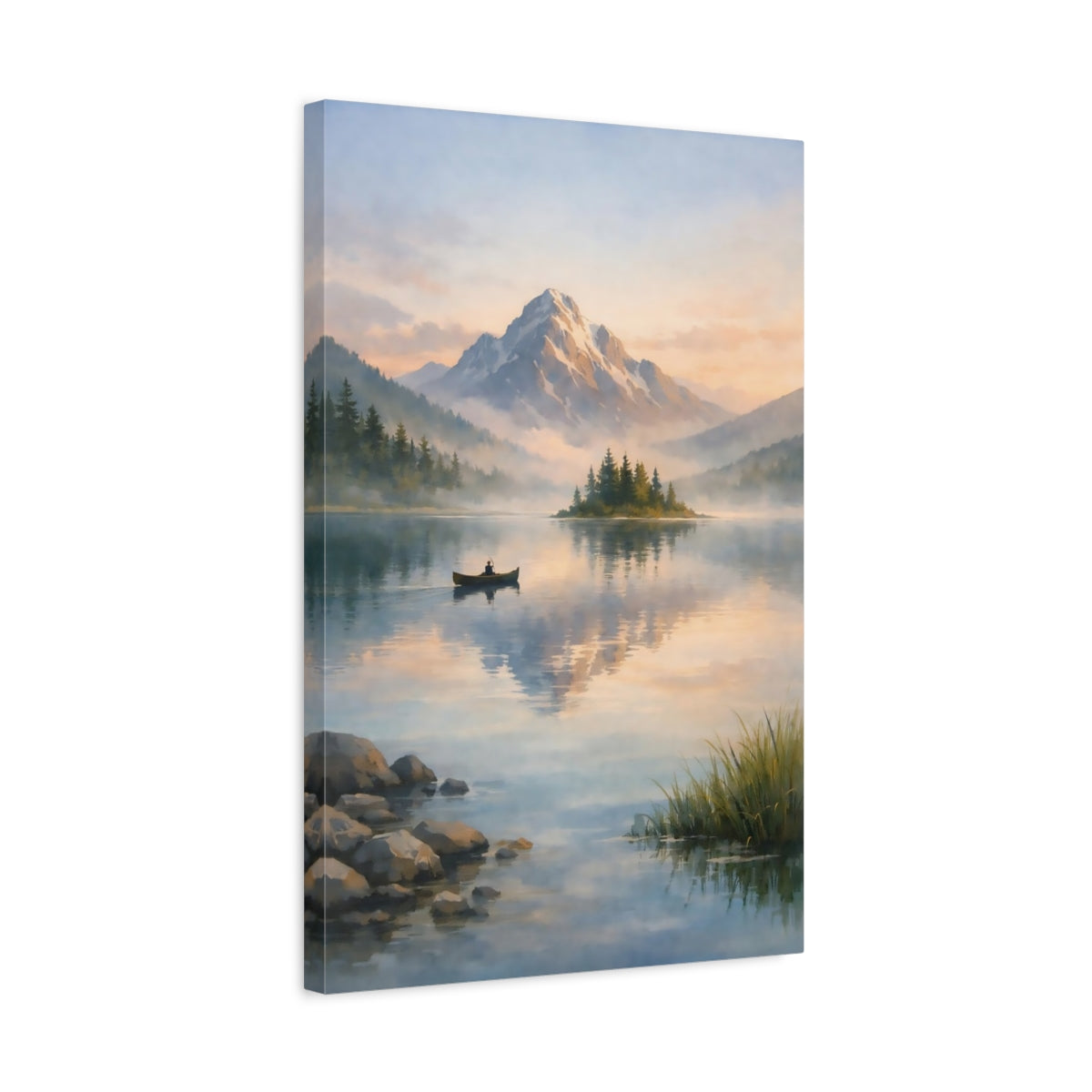 Side Mockup 3. Nature Snowy Mountain Mountain Lake Landscape shown as stretched canvas wall art