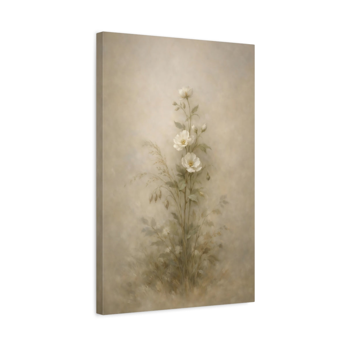 Side Mockup 3. Floral White Flowers Soft Botanical shown as stretched canvas wall art