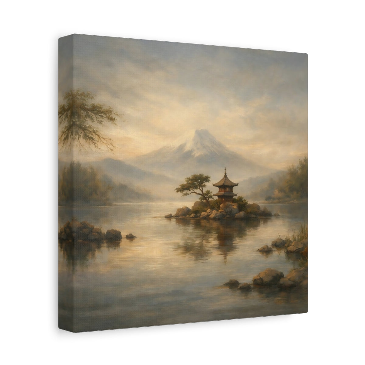 Side Mockup 9. Nature Mount Fuji Misty Mount Fuji shown as stretched canvas wall art