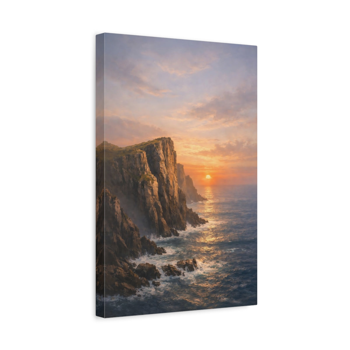 Side Mockup 4. Nature Coastal Cliffs Orange And Blue Sunset shown as stretched canvas wall art