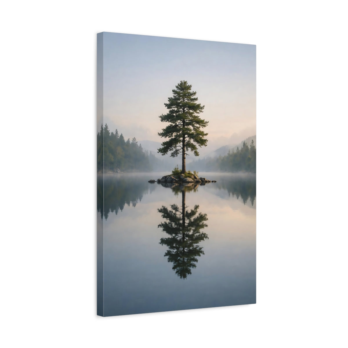 Side Mockup 3. Nature Lone Tree Misty Lake Tree shown as stretched canvas wall art