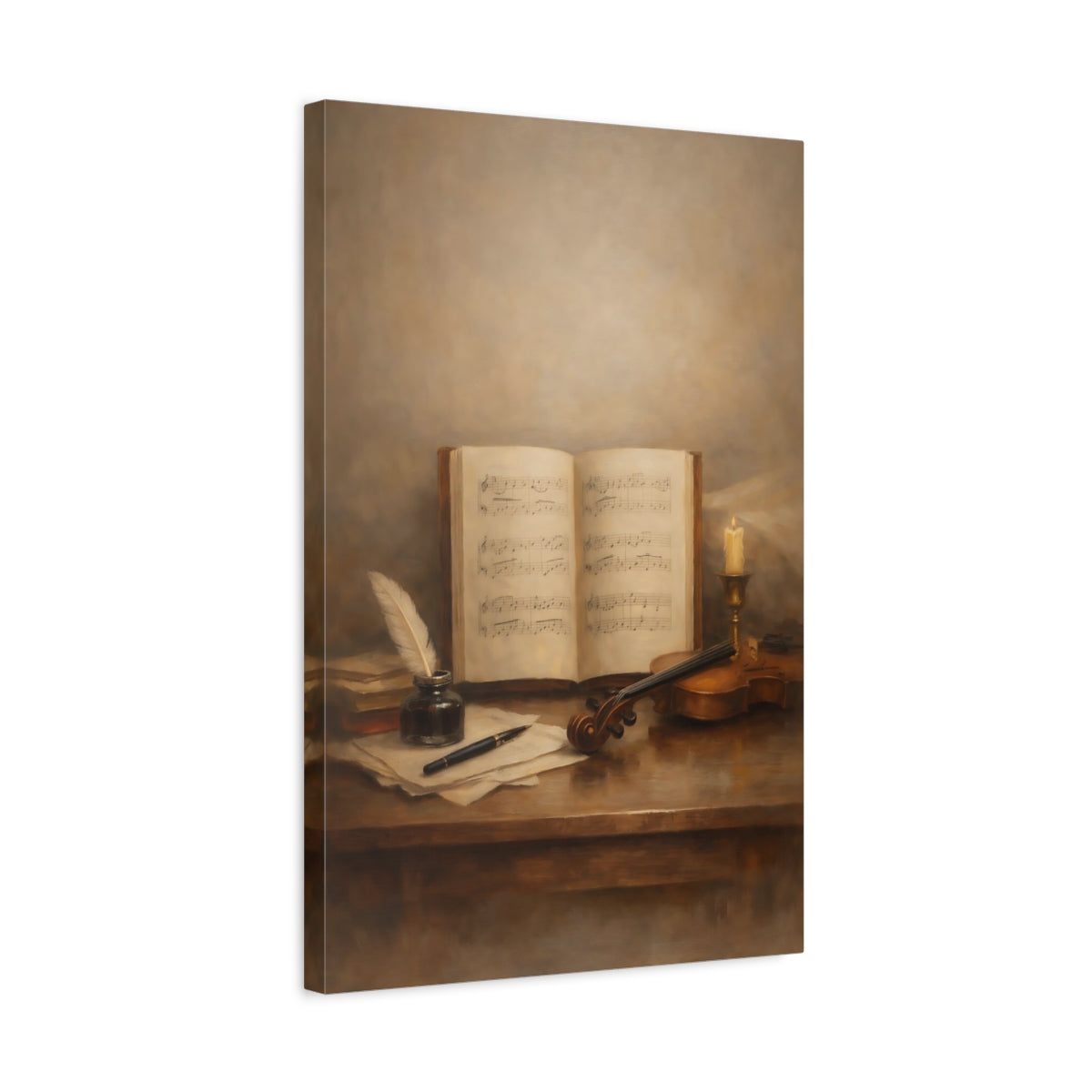 Side Mockup 3. Vintage Musical Still Life Brown Vintage Music shown as stretched canvas wall art