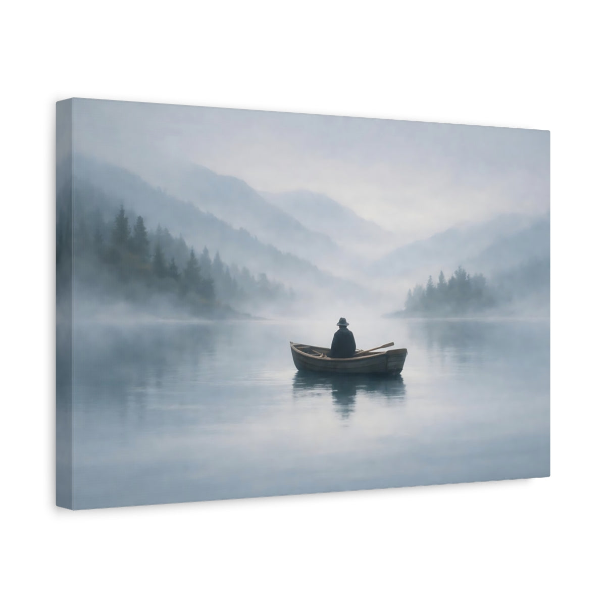 Mist Depth Lonely Boat Man In Nature - Canvas Wall Art Print