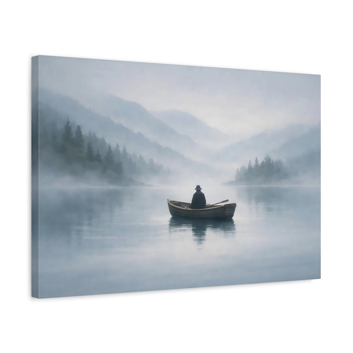Mist Depth Lonely Boat Man In Nature - Canvas Wall Art Print