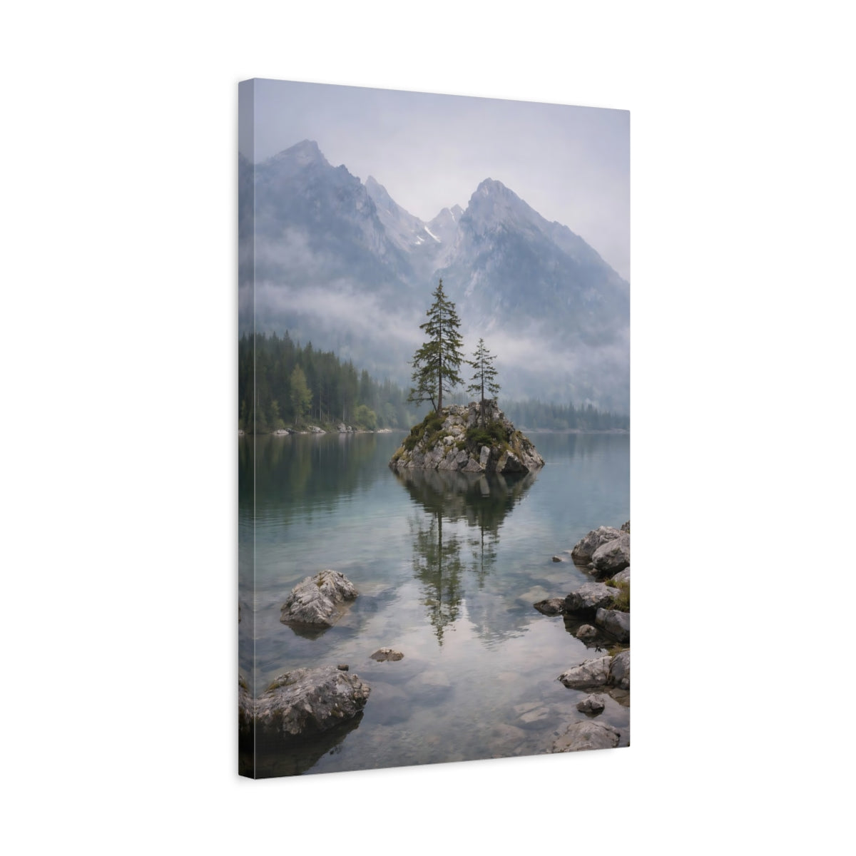 Side Mockup 3. Nature Lake Island Misty Mountain Lake shown as stretched canvas wall art