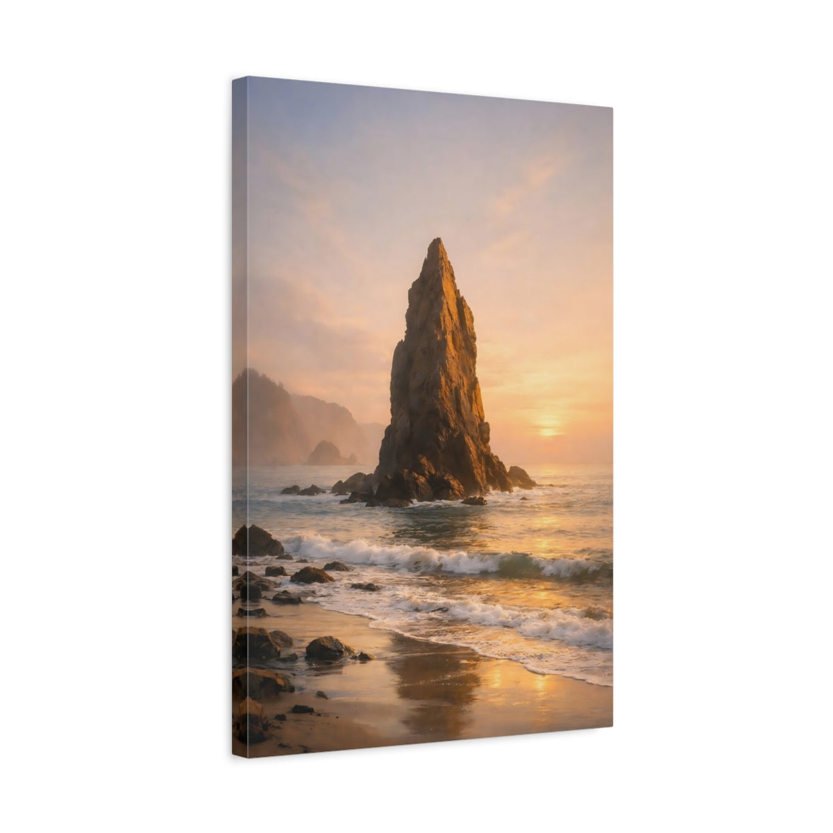 Side Mockup 3. Nature Sea Stack Golden Coastal Landscape shown as stretched canvas wall art