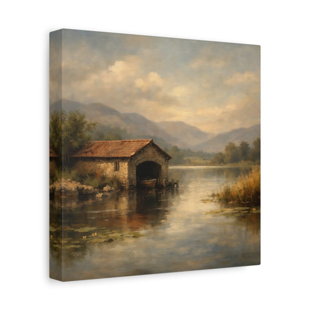 Side Mockup 9. Nature Boathouse Misty Lake Landscape shown as stretched canvas wall art