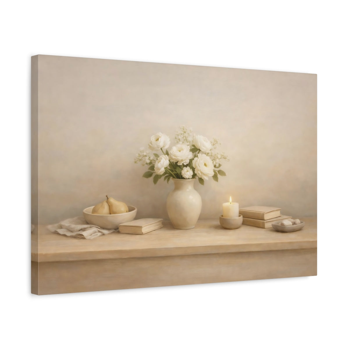 Side Mockup 3. Light Airy Minimal Table Edge Scene shown as stretched canvas wall art