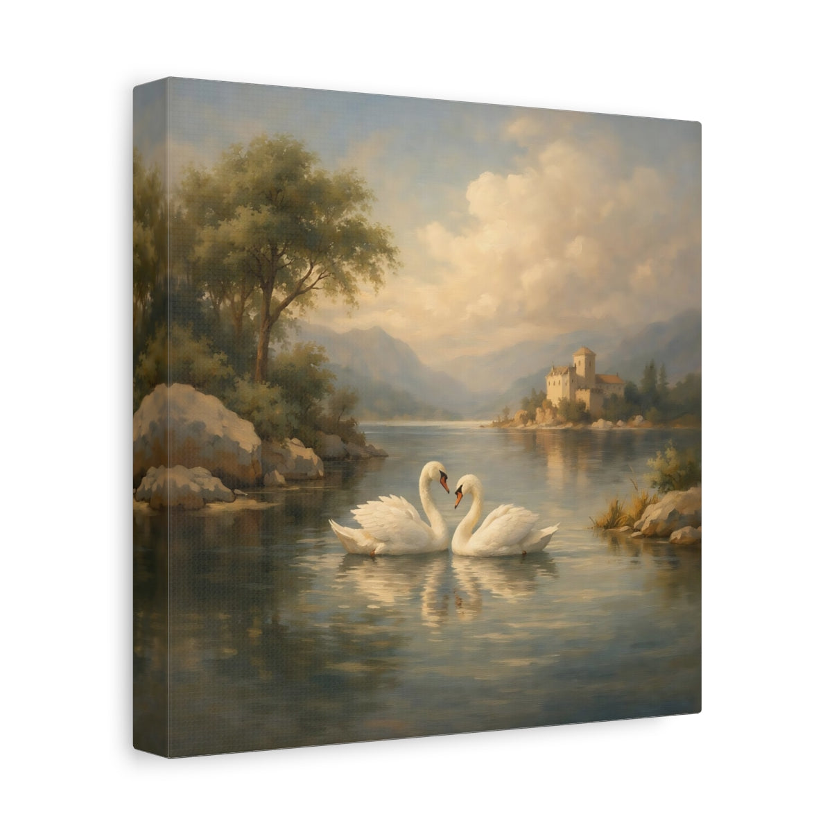 Side Mockup 9. Fairytale Swans Romantic Swans shown as stretched canvas wall art