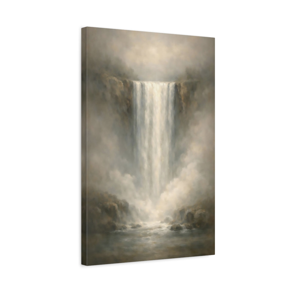 Side Mockup 3. Nature Waterfall Muted Grey Waterfall shown as stretched canvas wall art