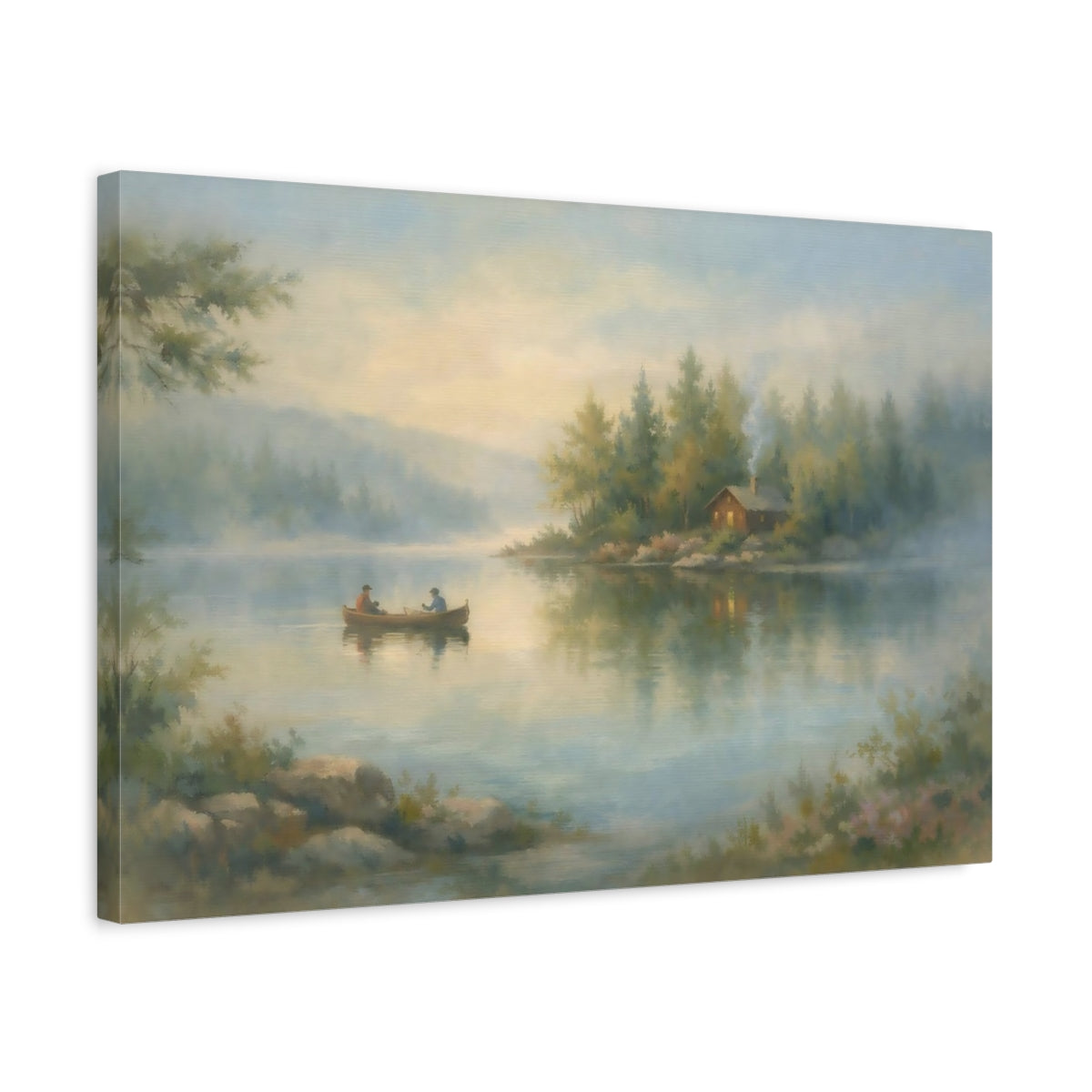 Nature Lake Cabin Misty - Canvas Wall Art Print
