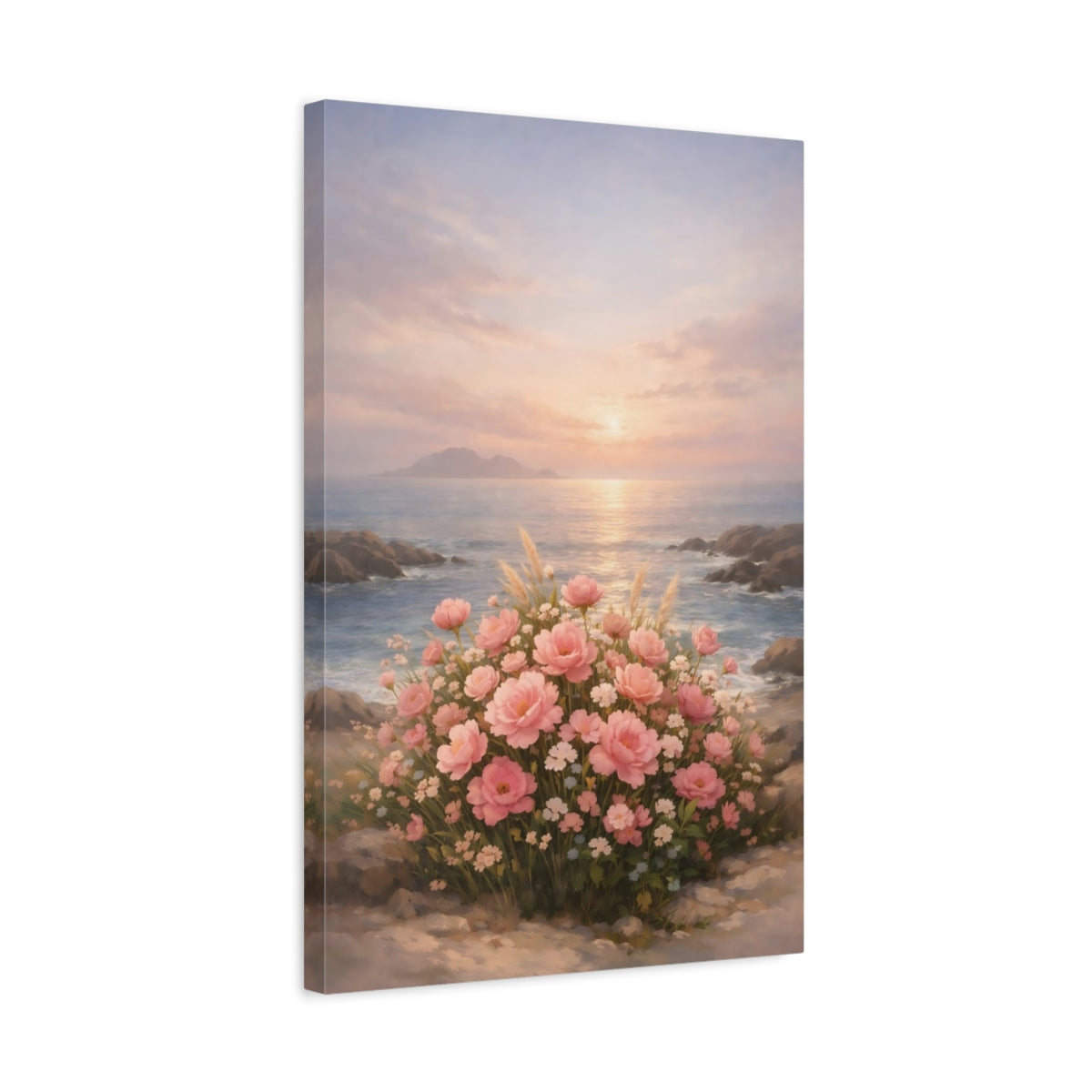Side Mockup 3. Floral Pink Flowers Pink Floral Sunset shown as stretched canvas wall art