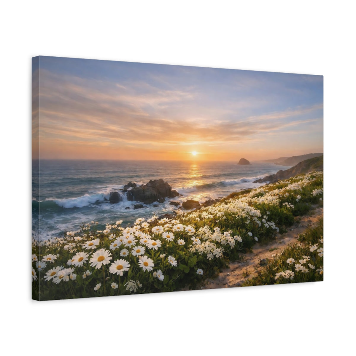 Side Mockup 3. Seascape White Flowers shown as stretched canvas wall art