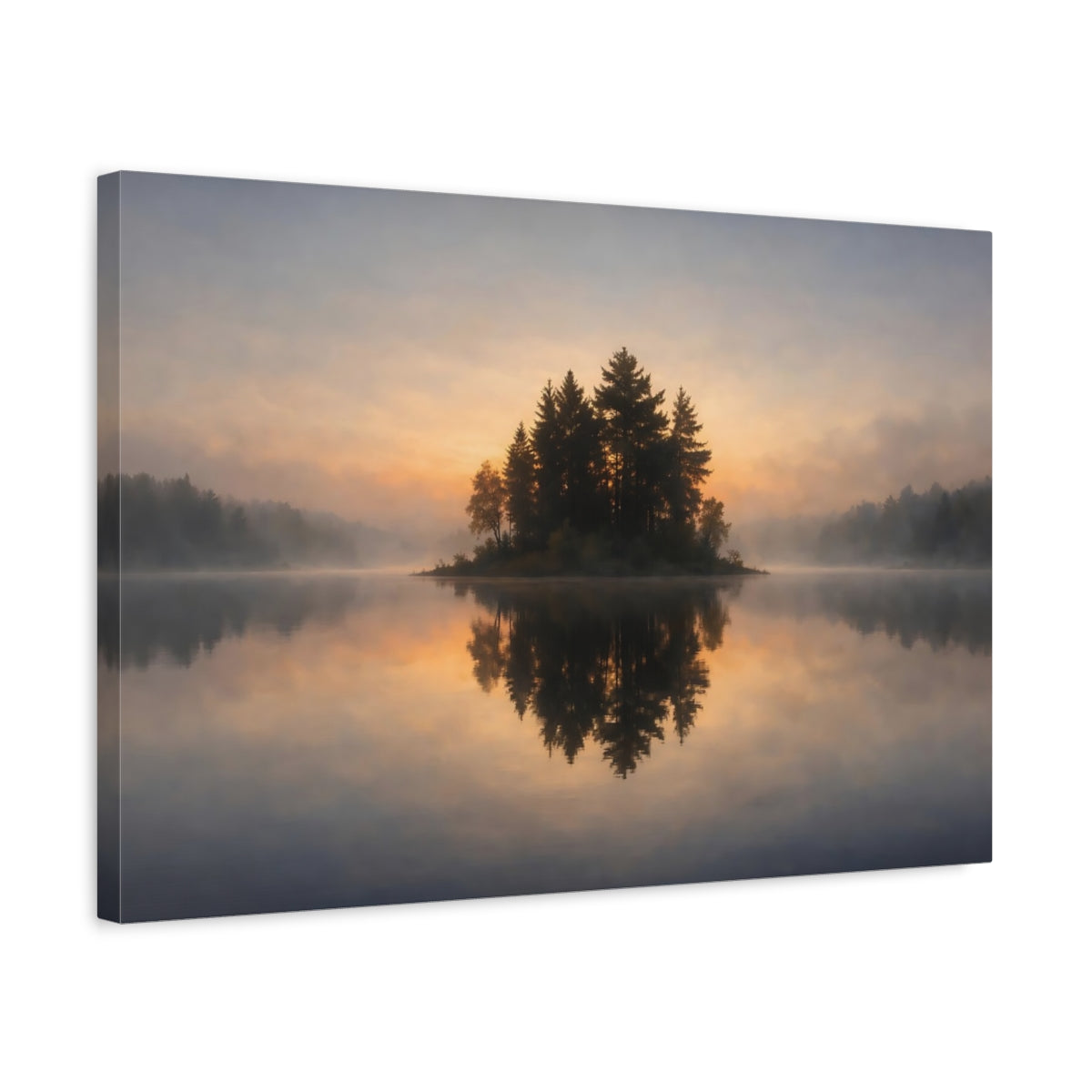 Floral Lake Reflection Forest Island Nature - Canvas Wall Art Print