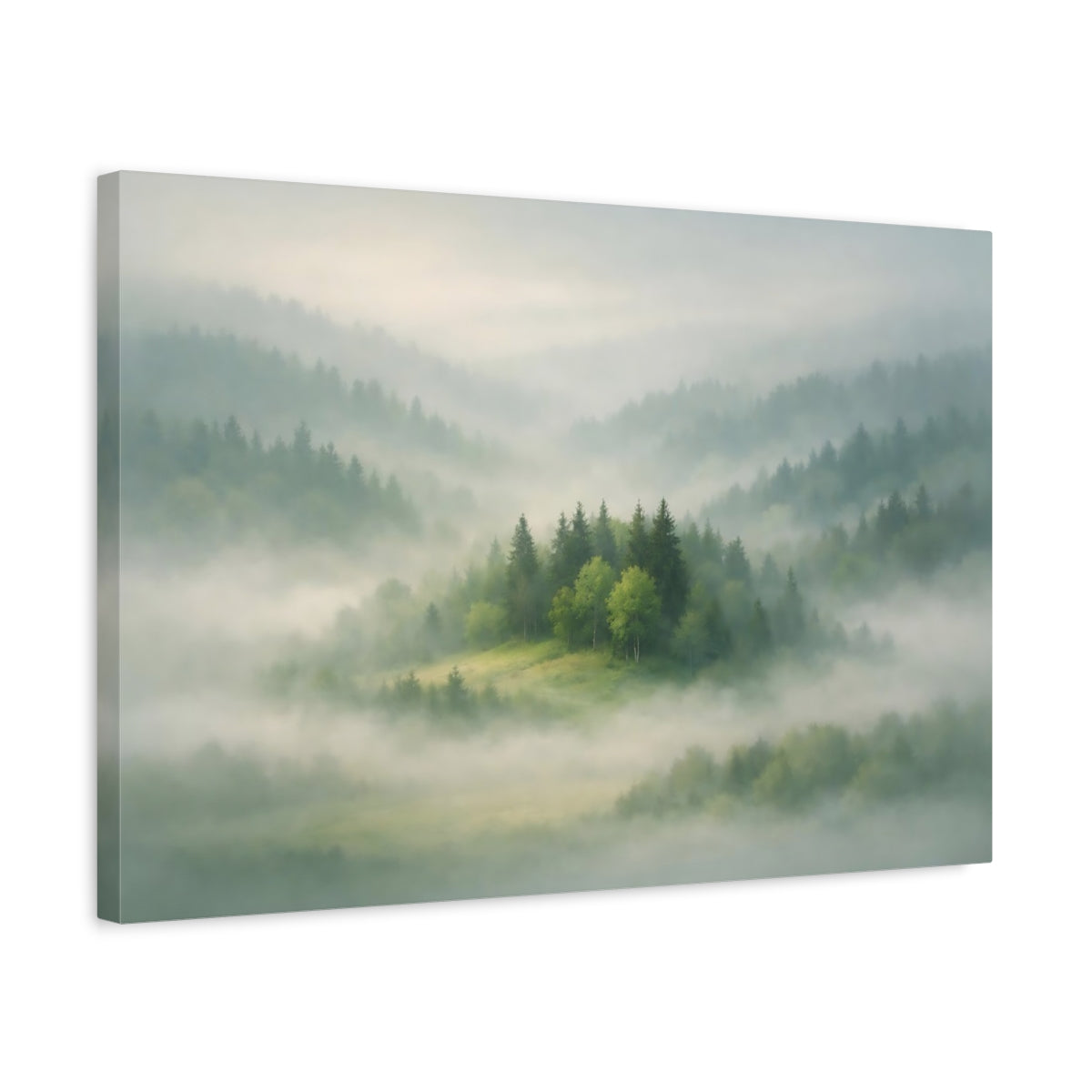 Mist Depth Trees Green Misty Forest Nature - Canvas Wall Art Print