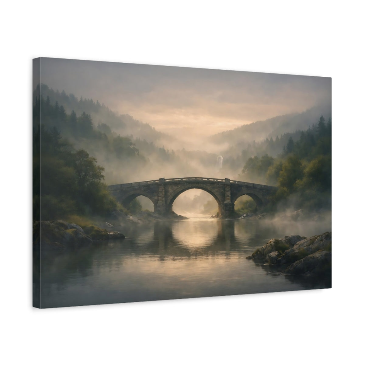 Mist Depth River Bridge Stone Nature - Canvas Wall Art Print