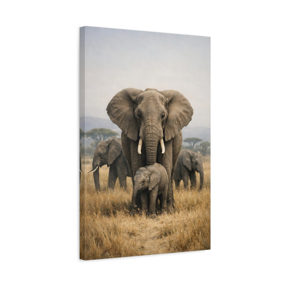 Side Mockup 3. Animals Elephants Savanna Elephants shown as stretched canvas wall art