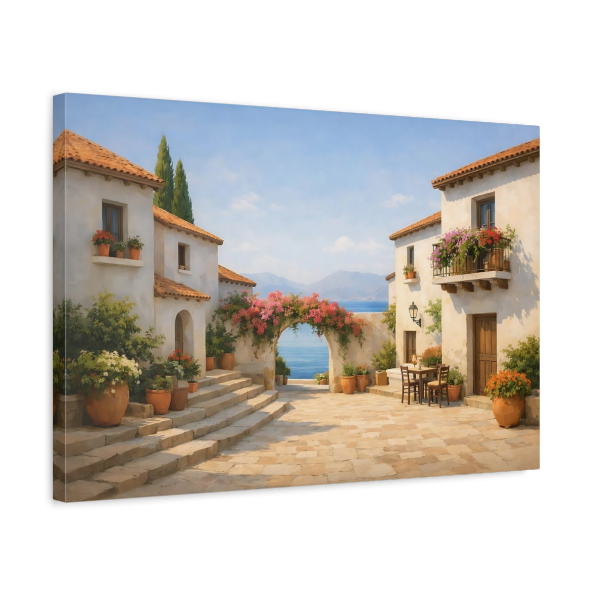 Contemporary Mediterranean Village Street Coastal Floral - Canvas Wall Art Print