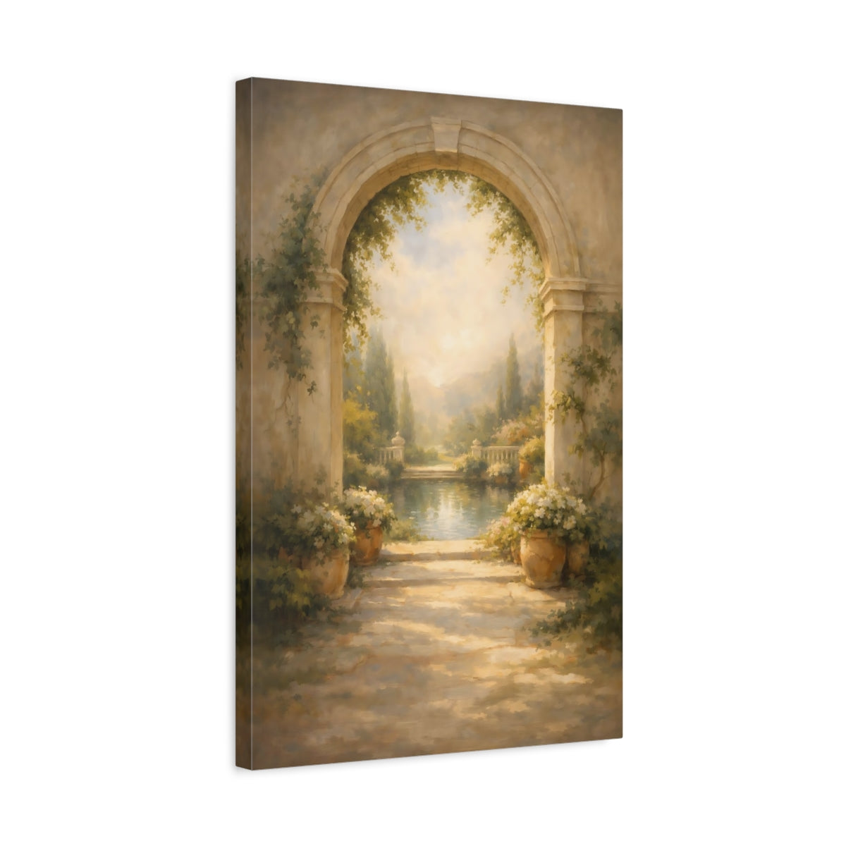 Side Mockup 3. Nature Garden Archway Warm Garden Archway shown as stretched canvas wall art