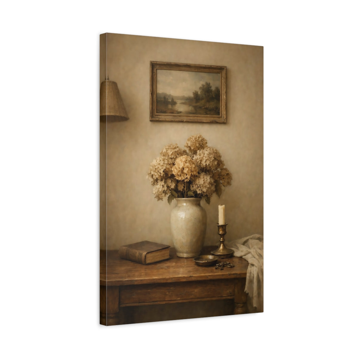 Side Mockup 3. Vintage Dried Hydrangeas Vintage Floral shown as stretched canvas wall art