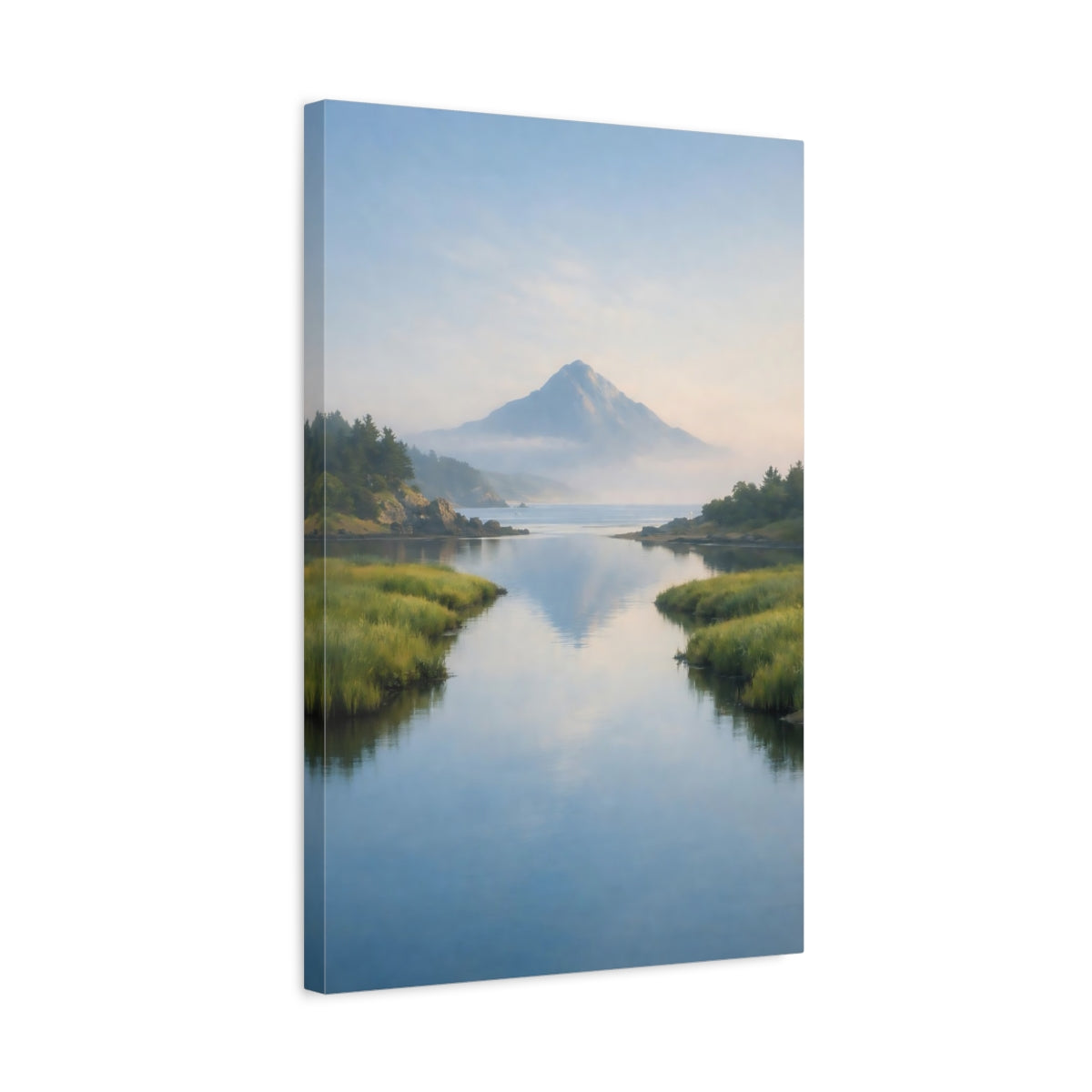 Side Mockup 3. Nature Mountain Lake Blue And Green Landscape shown as stretched canvas wall art