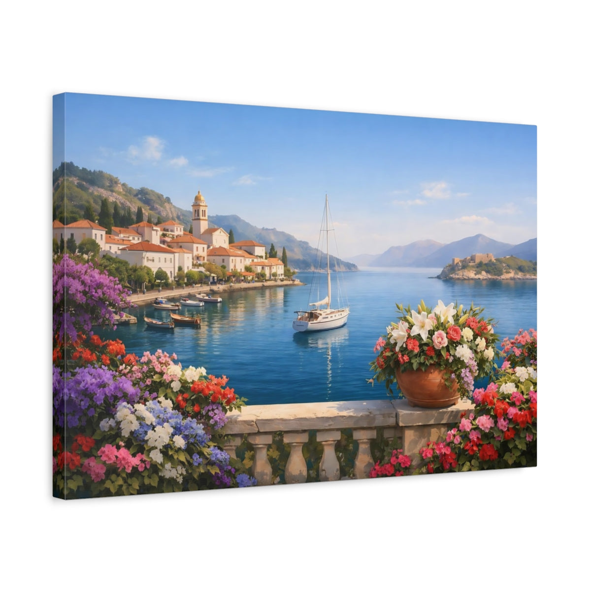 Floral Mediterranean Harbor View Coastal Village Nature - Canvas Wall Art Print