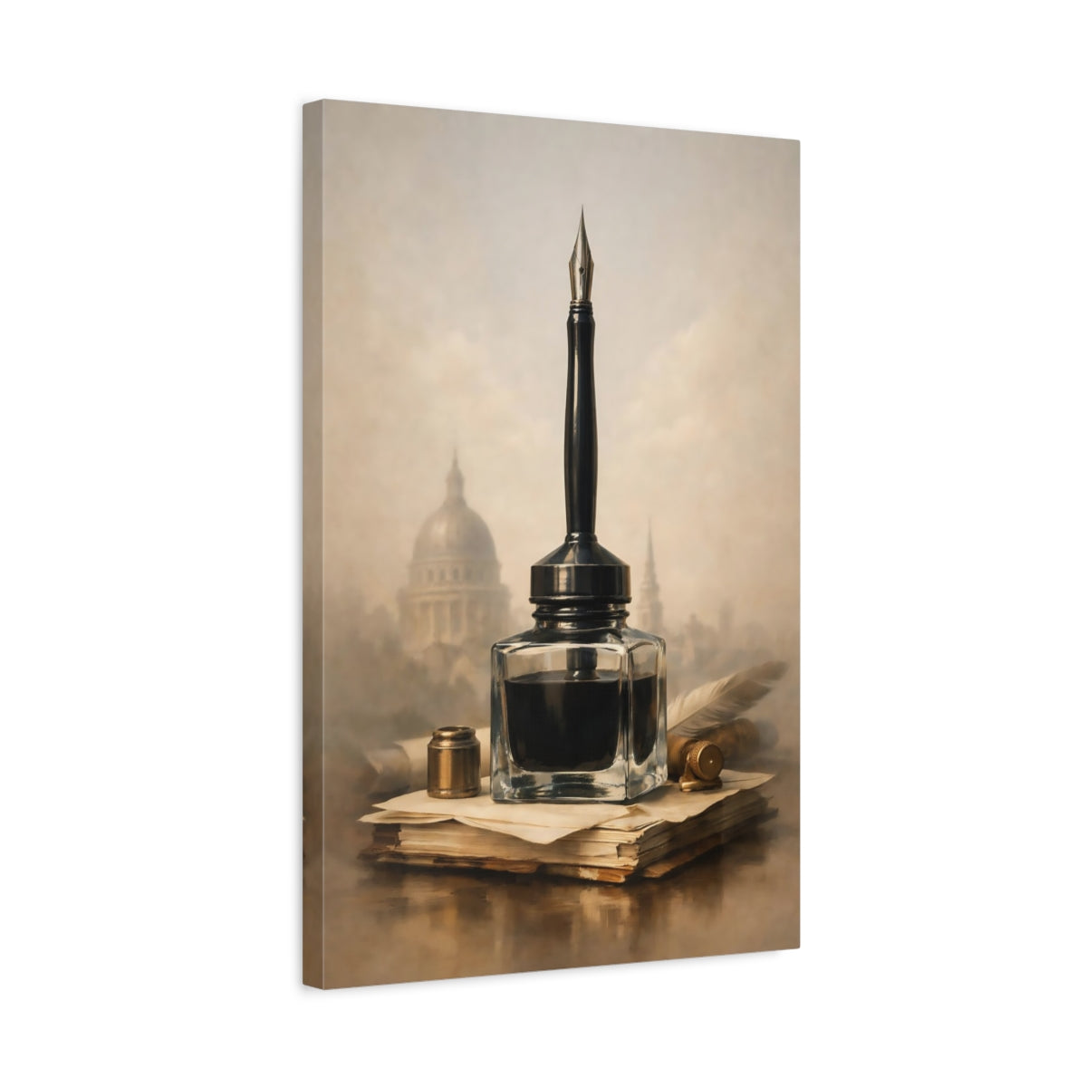 Side Mockup 3. Vintage Inkwell Brown And Gold shown as stretched canvas wall art