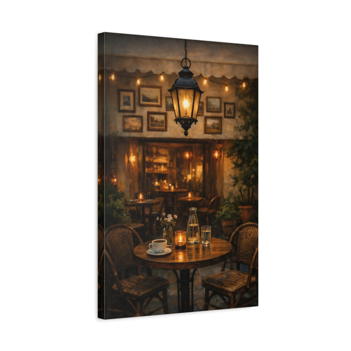 Side Mockup 3. Vintage Cafe Table Cozy Cafe Scene shown as stretched canvas wall art