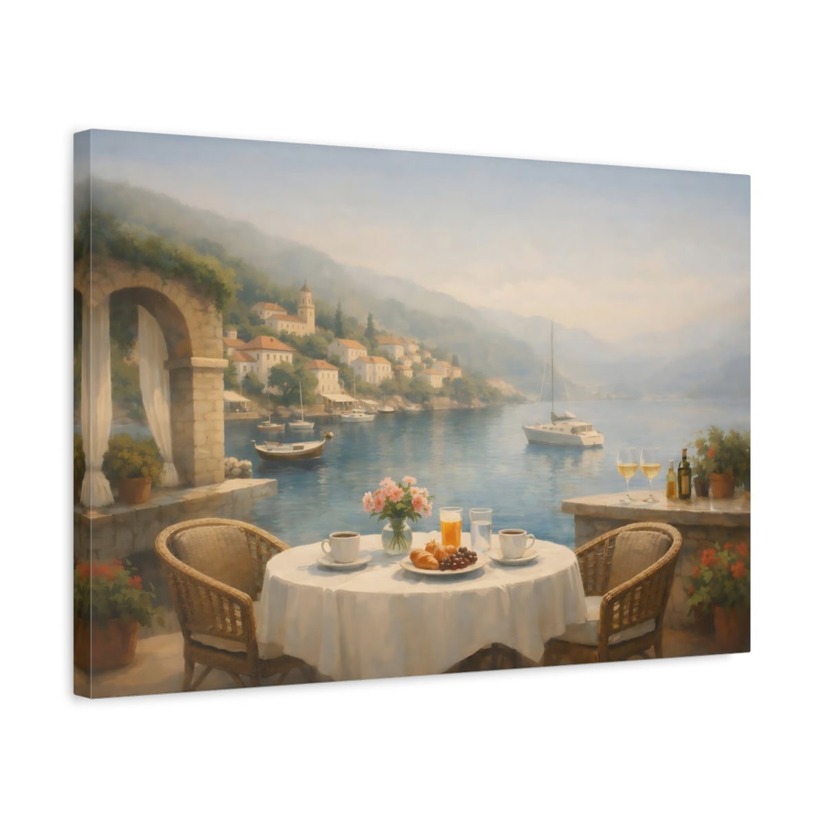 Side Mockup 3. Mist Depth Mediterranean Harbor Cafe shown as stretched canvas wall art
