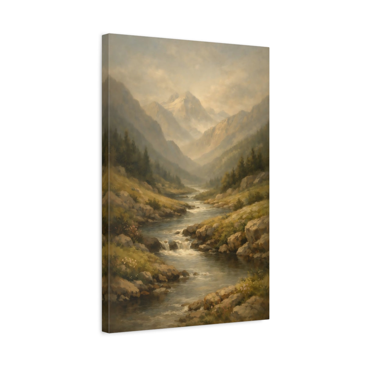 Side Mockup 3. Nature Mountain River Misty Mountain River shown as stretched canvas wall art