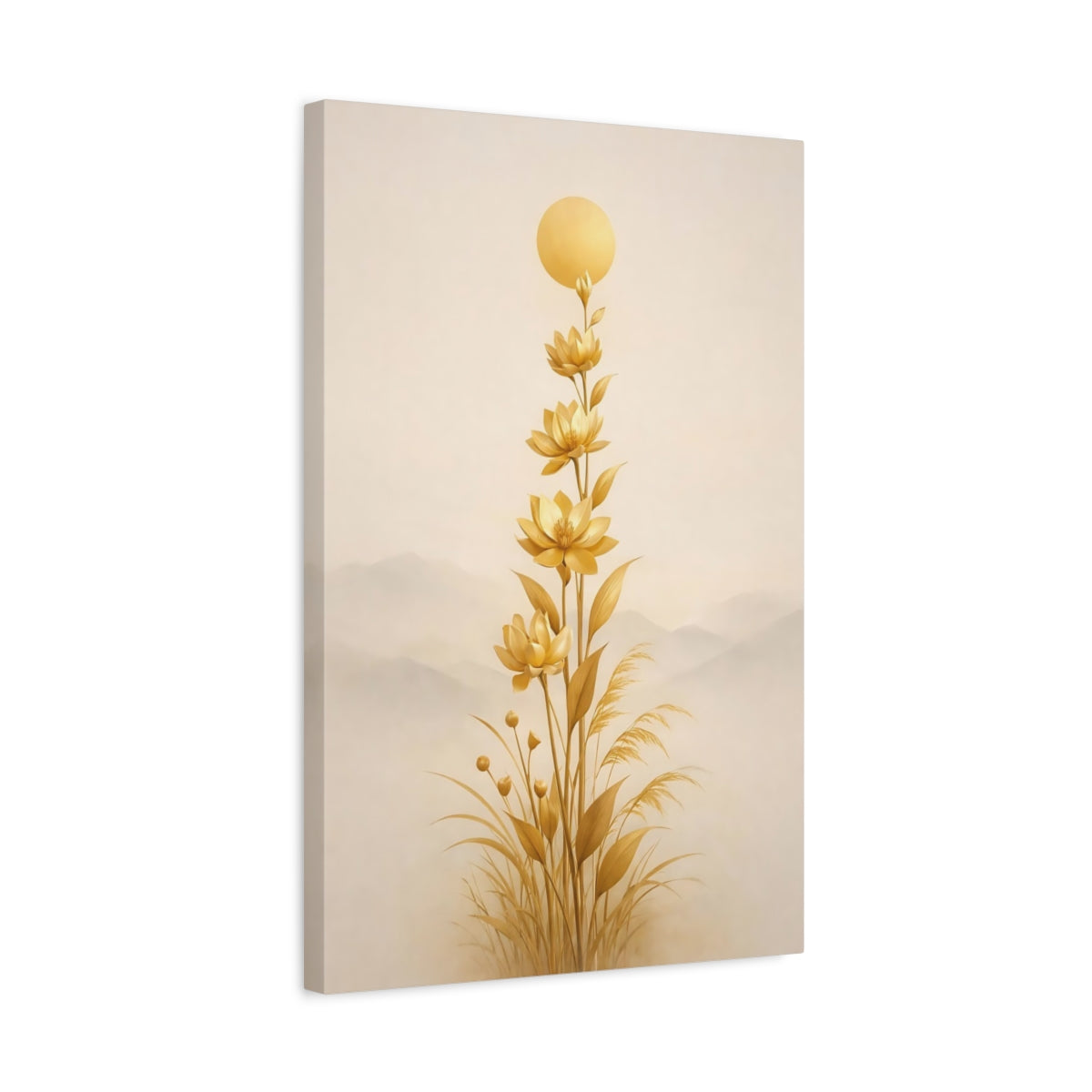 Side Mockup 3. Nature Lotus Flowers Gold Floral Art shown as stretched canvas wall art