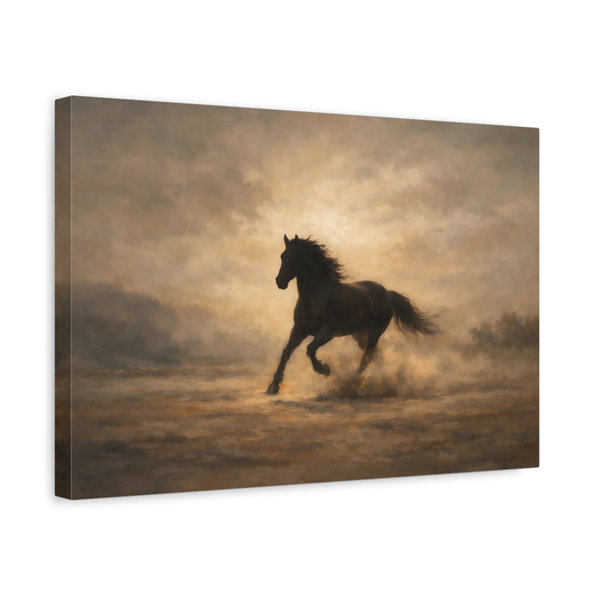 Side Mockup 4. Luxury Minimal Horse Running Dramatic Scene shown as stretched canvas wall art