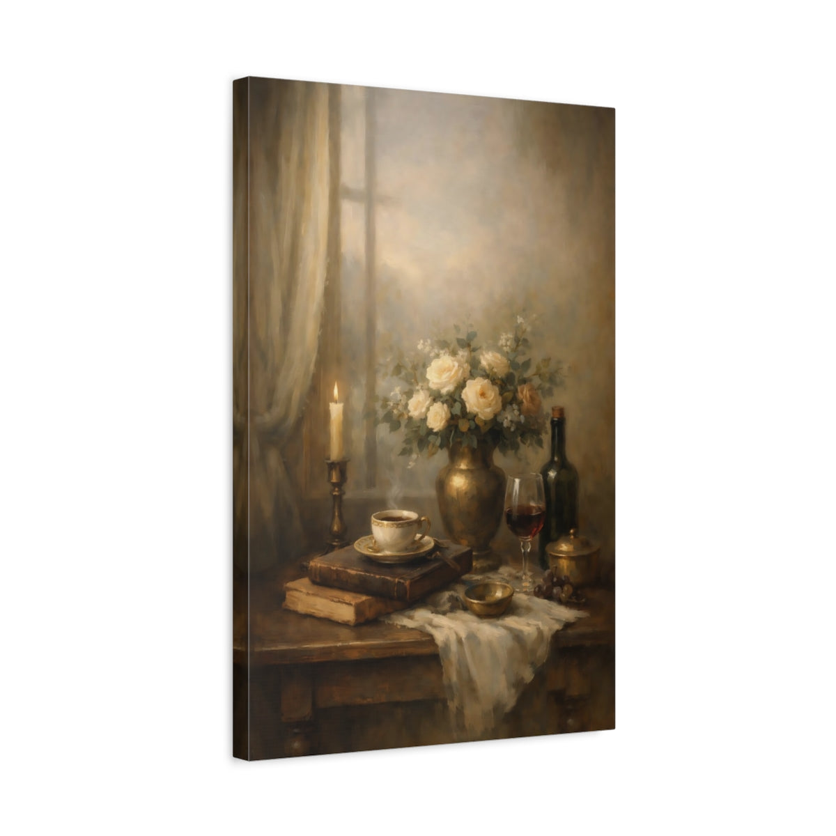 Side Mockup 3. Vintage Still Life Warm Still Life shown as stretched canvas wall art
