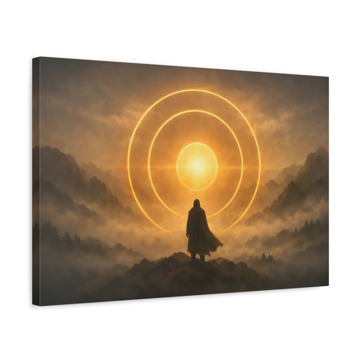 Mist Depth Golden Circles Cloaked Figure Science Fiction - Canvas Wall Art Print