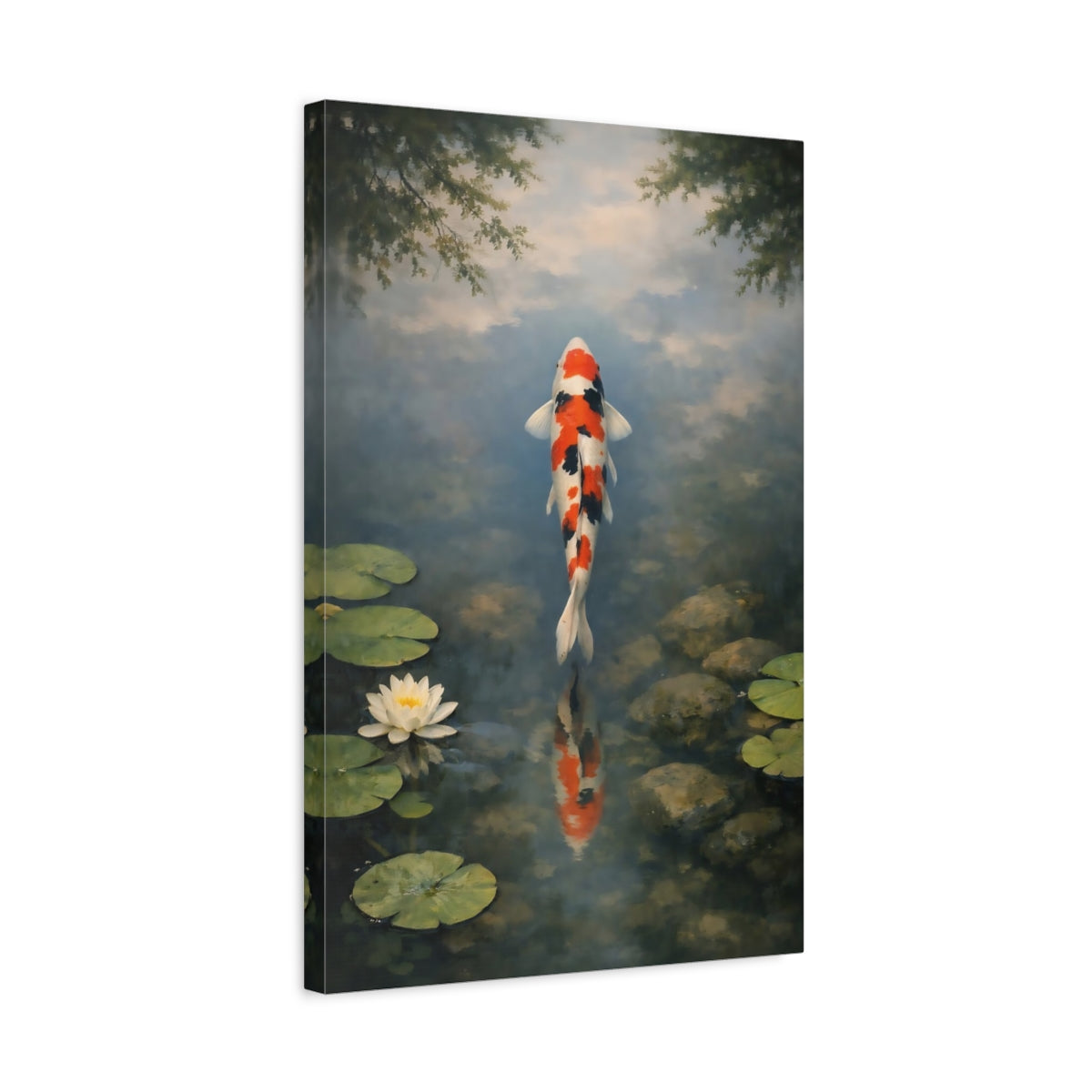 Side Mockup 3. Nature Koi Fish Orange Koi Pond shown as stretched canvas wall art