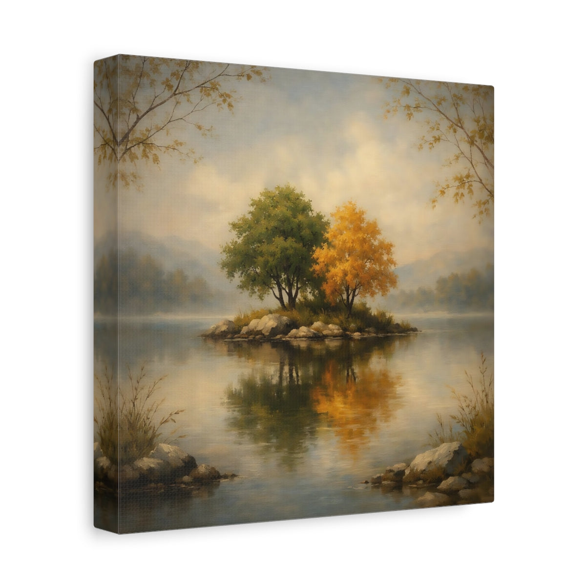 Side Mockup 9. Nature Island Trees Autumn Lake shown as stretched canvas wall art