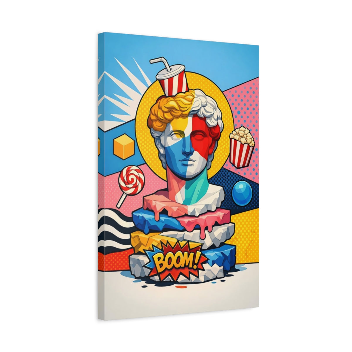 Side Mockup 3. Funny Statue Bust Colorful Pop Art shown as stretched canvas wall art