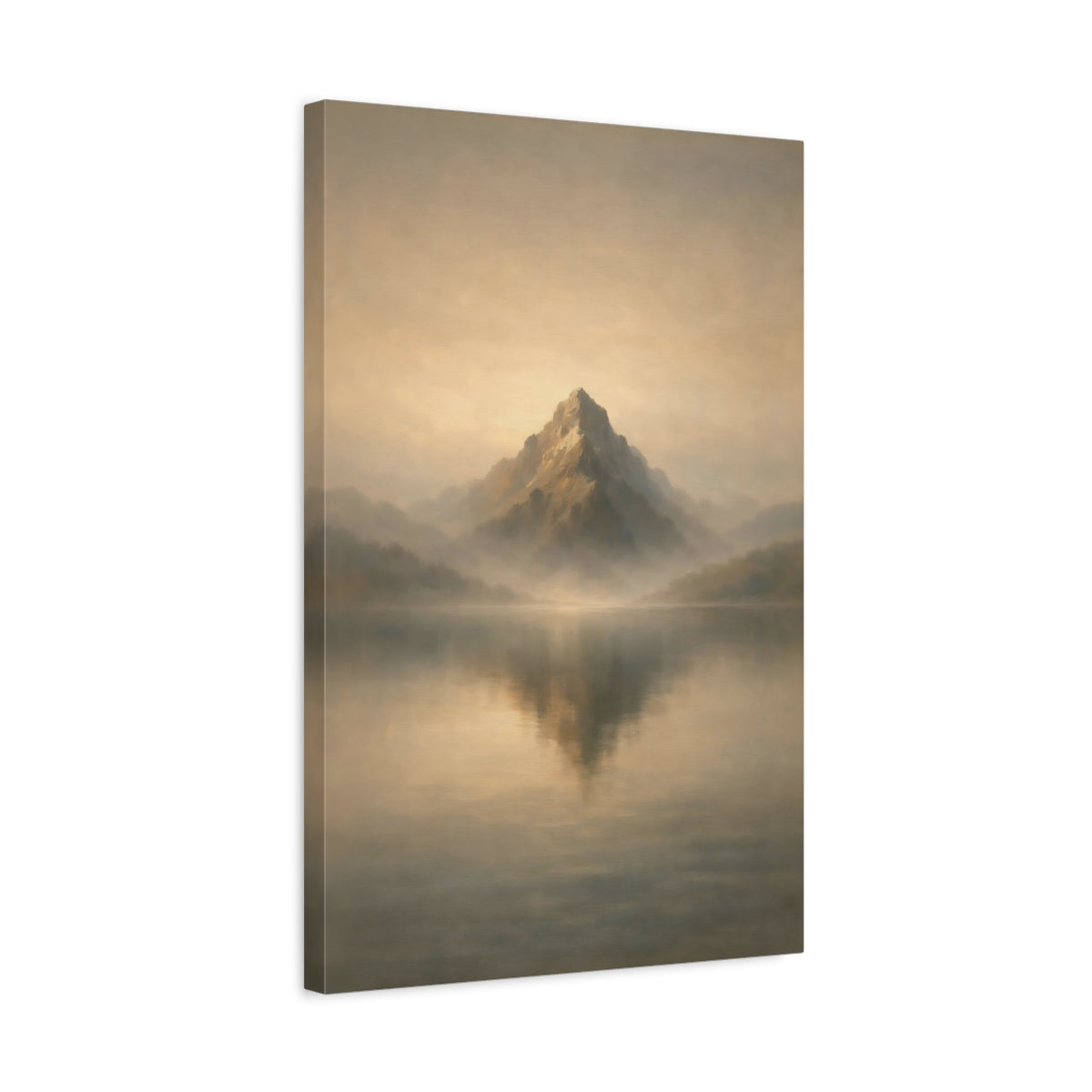 Side Mockup 3. Nature Mountain Lake Golden Mountain Lake shown as stretched canvas wall art