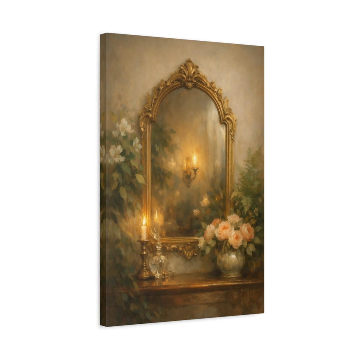 Side Mockup 3. Vintage Ornate Mirror Gold And Green shown as stretched canvas wall art