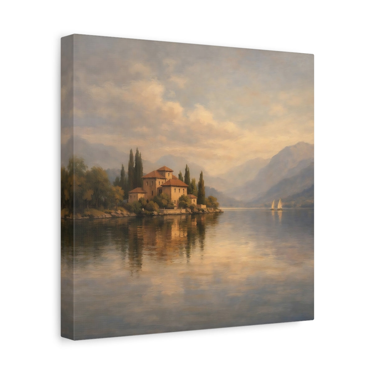 Side Mockup 8. Nature Lakeside Villa Lake Villa Scene shown as stretched canvas wall art